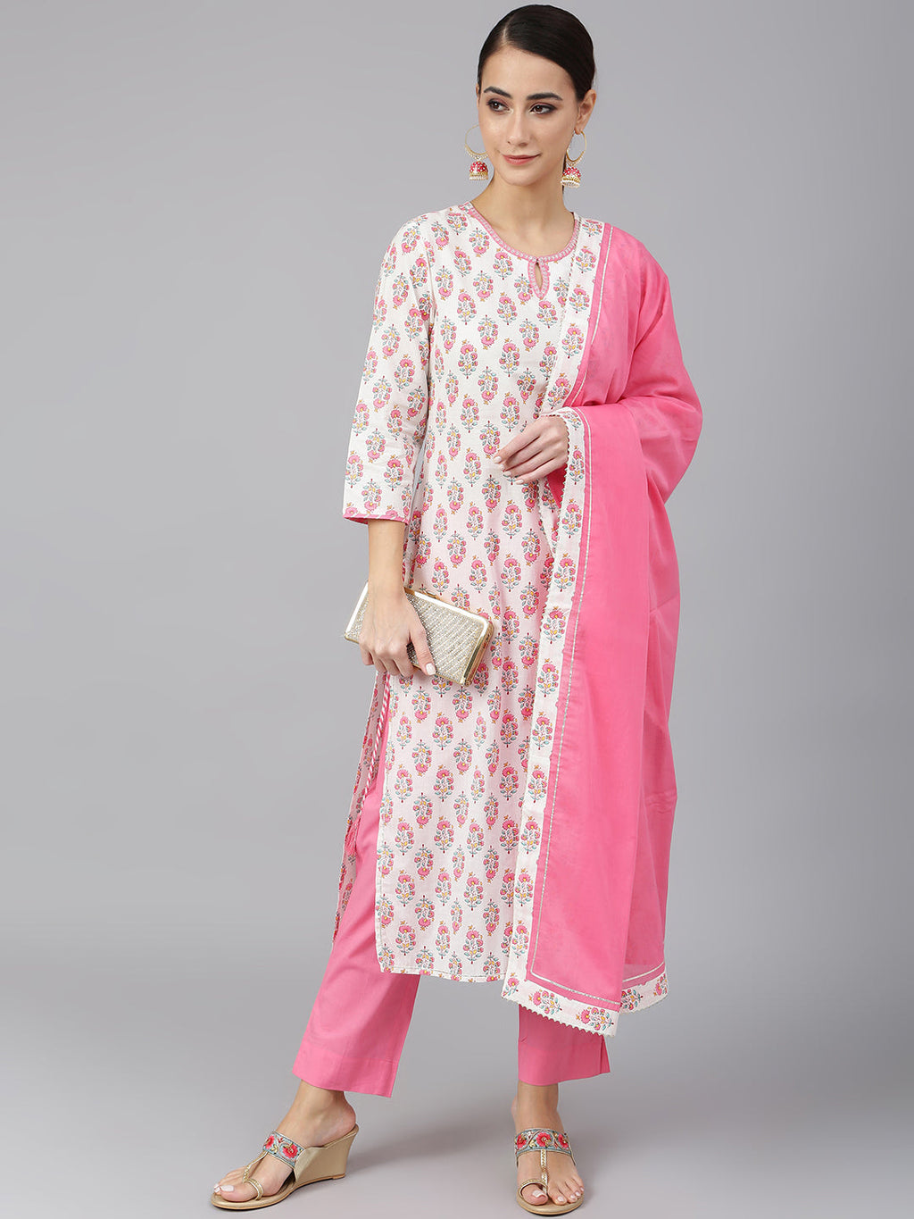 Janasya Women's Off White Cotton Floral Print Kurta With Pant And Dupatta - Distacart