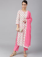 Janasya Women's Off White Cotton Floral Print Kurta With Pant And Dupatta - Distacart