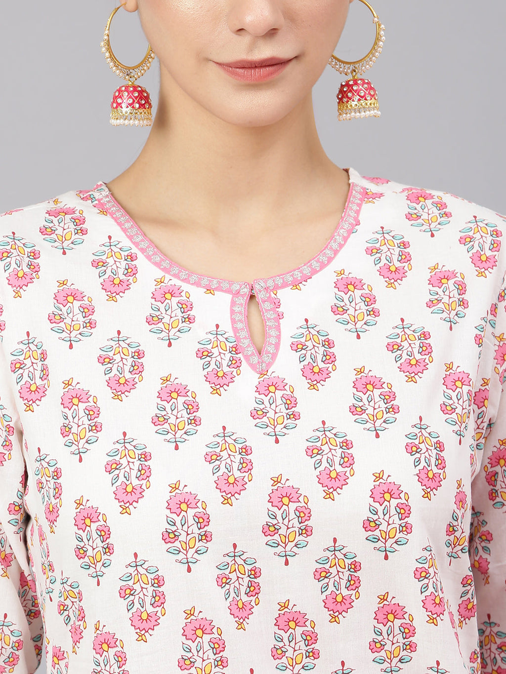 Janasya Women's Off White Cotton Floral Print Kurta With Pant And Dupatta - Distacart