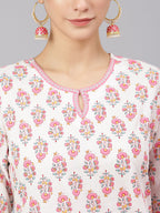 Janasya Women's Off White Cotton Floral Print Kurta With Pant And Dupatta - Distacart