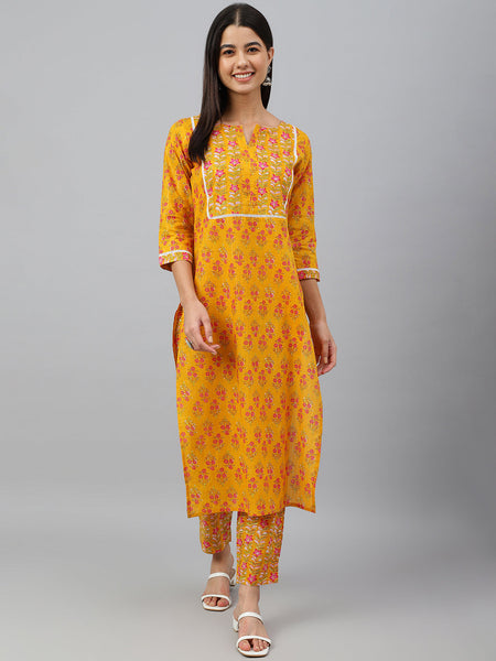 Janasya Women's Mustard Cotton Floral Print Kurta With Pant