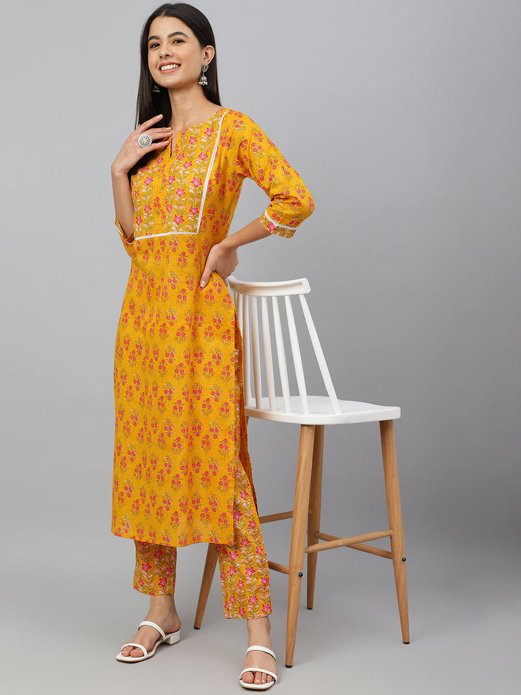 Janasya Women's Mustard Cotton Floral Print Kurta With Pant - Distacart