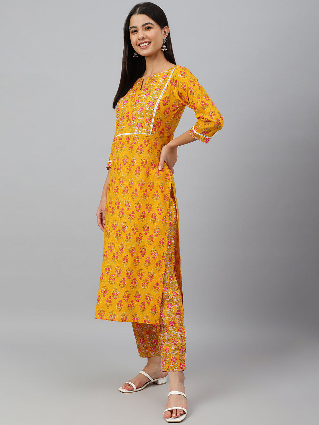 Janasya Women's Mustard Cotton Floral Print Kurta With Pant - Distacart