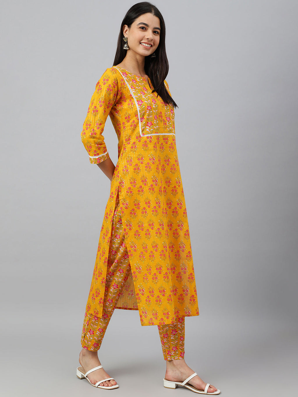 Janasya Women's Mustard Cotton Floral Print Kurta With Pant - Distacart