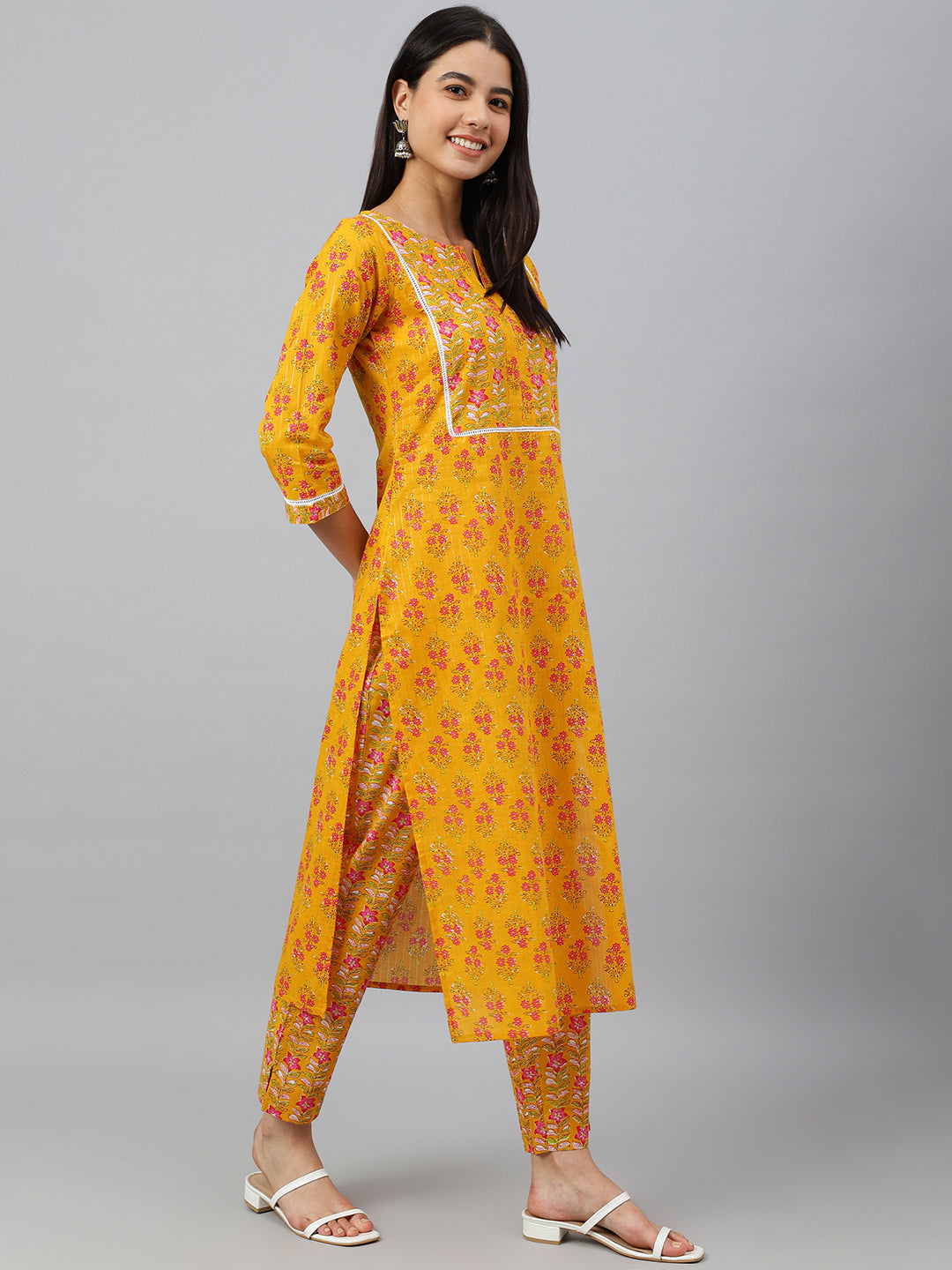 Janasya Women's Mustard Cotton Floral Print Kurta With Pant - Distacart