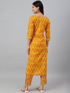 Janasya Women's Mustard Cotton Floral Print Kurta With Pant - Distacart