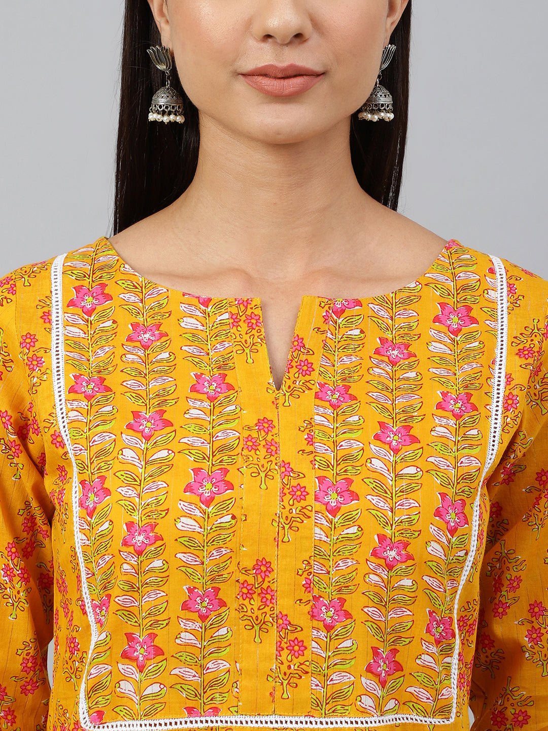 Janasya Women's Mustard Cotton Floral Print Kurta With Pant - Distacart