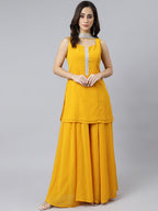 Janasya Women's Mustard Georgette Solid Kurta With Kali Palazzo And Dupatta - Distacart