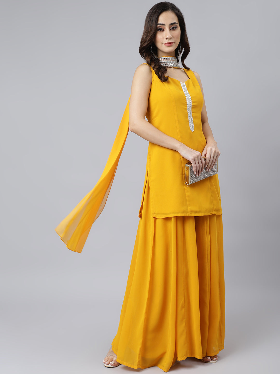 Janasya Women's Mustard Georgette Solid Kurta With Kali Palazzo And Dupatta - Distacart