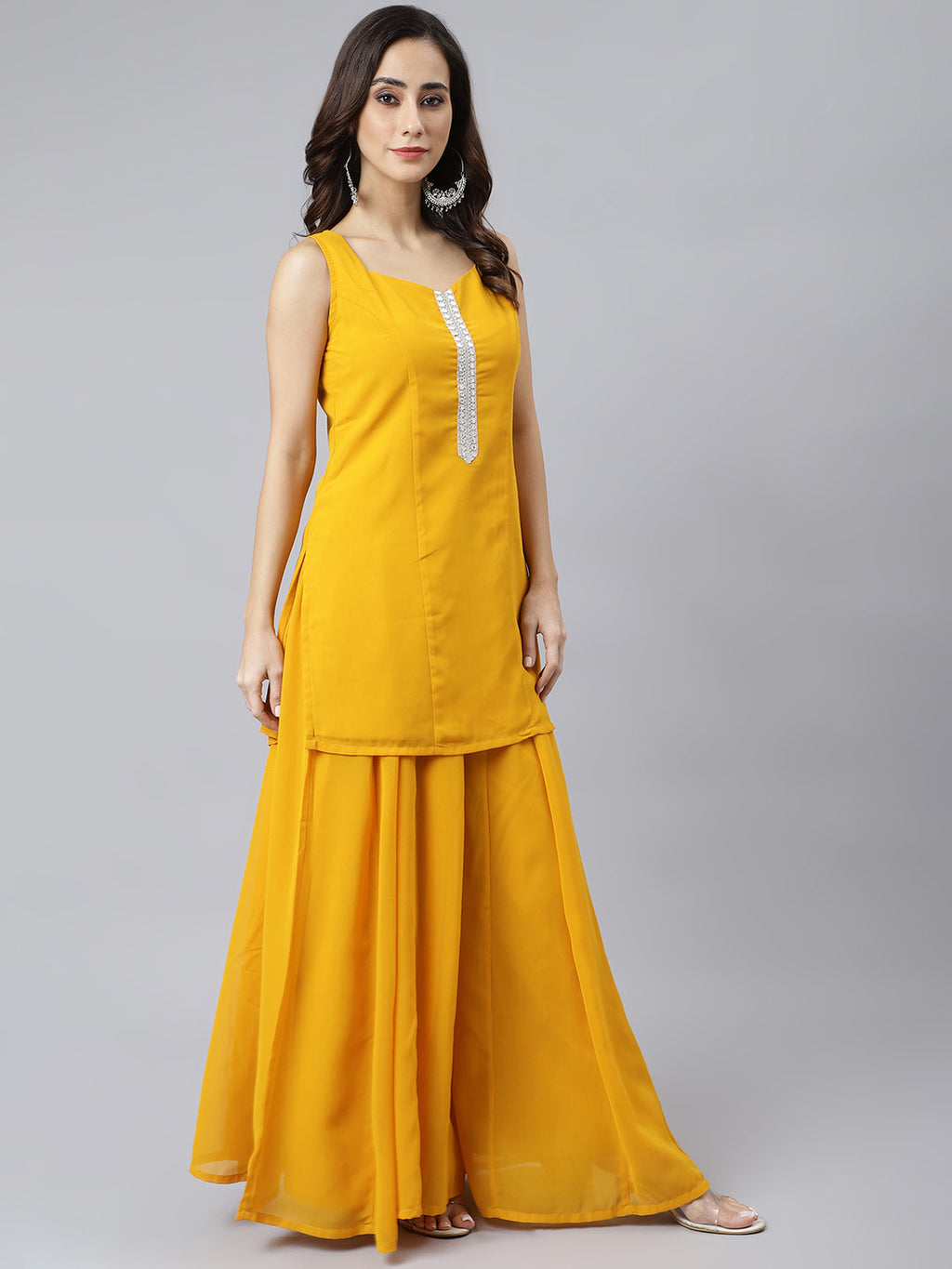 Janasya Women's Mustard Georgette Solid Kurta With Kali Palazzo And Dupatta - Distacart