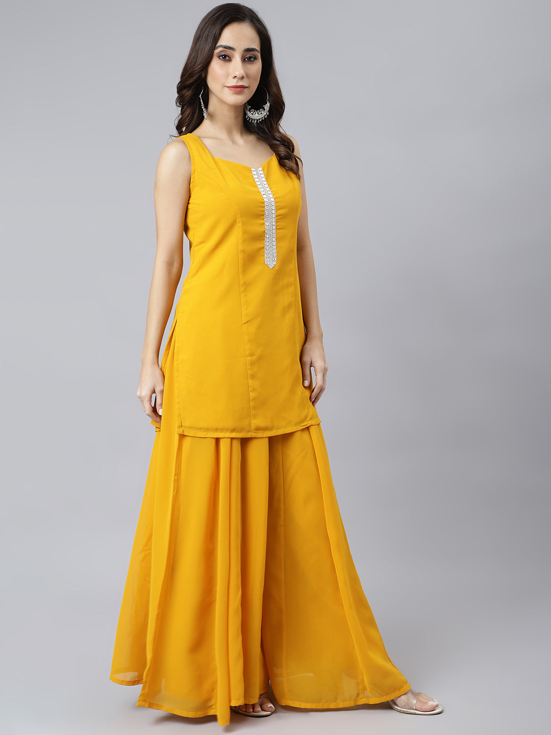 Janasya Women's Mustard Georgette Solid Kurta With Kali Palazzo And Dupatta - Distacart