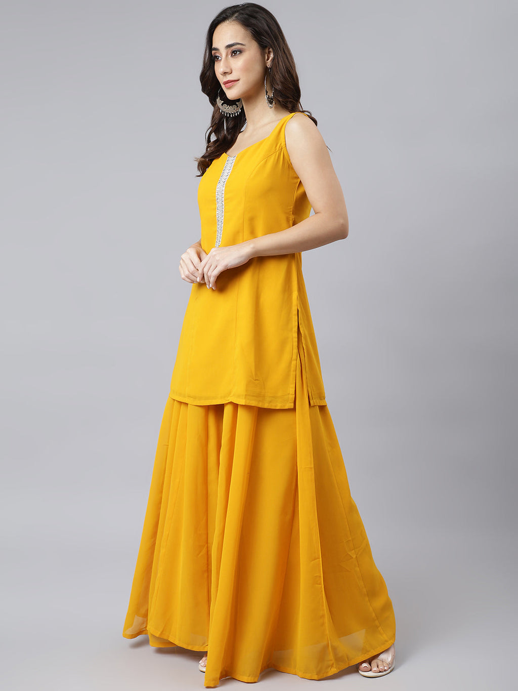 Janasya Women's Mustard Georgette Solid Kurta With Kali Palazzo And Dupatta - Distacart