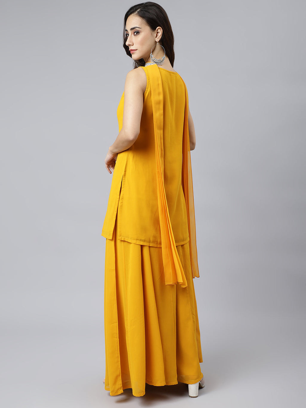 Janasya Women's Mustard Georgette Solid Kurta With Kali Palazzo And Dupatta - Distacart