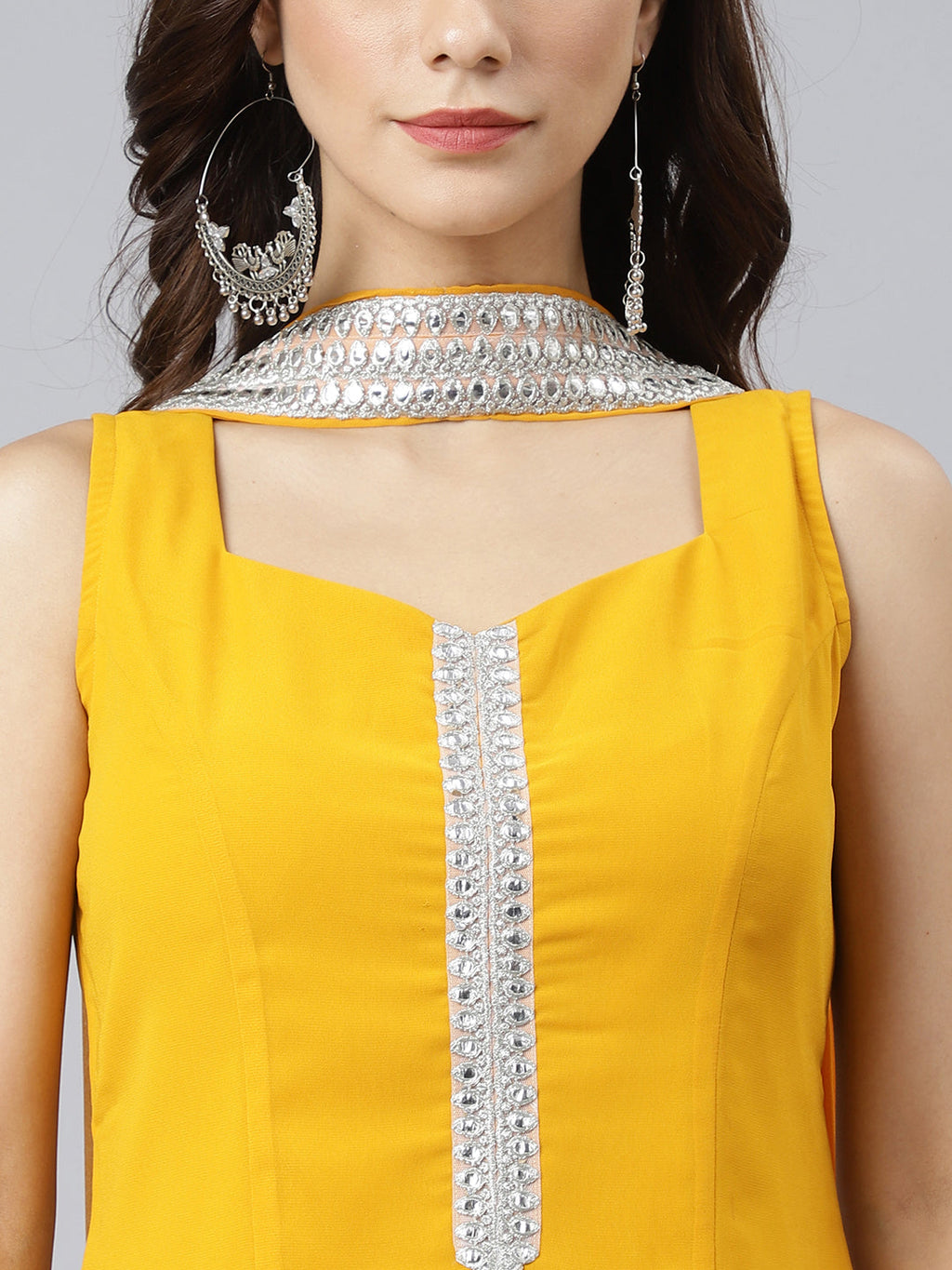 Janasya Women's Mustard Georgette Solid Kurta With Kali Palazzo And Dupatta - Distacart