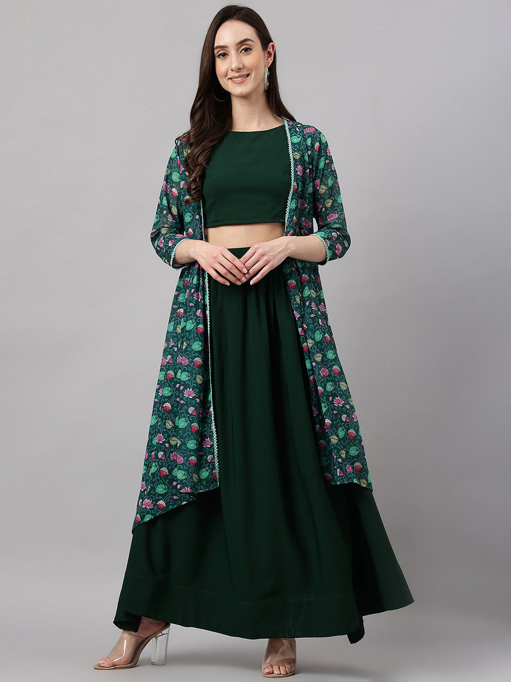 Janasya Women's Green Crepe Solid Crop Top With Skirt And Jacket - Distacart
