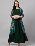 Janasya Women's Green Crepe Solid Crop Top With Skirt And Jacket - Distacart