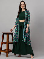 Janasya Women's Green Crepe Solid Crop Top With Skirt And Jacket - Distacart