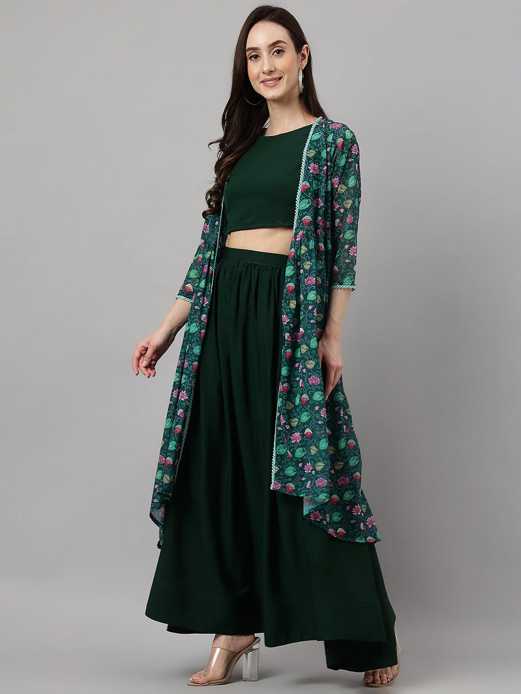 Janasya Women's Green Crepe Solid Crop Top With Skirt And Jacket - Distacart