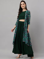 Janasya Women's Green Crepe Solid Crop Top With Skirt And Jacket - Distacart