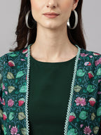 Janasya Women's Green Crepe Solid Crop Top With Skirt And Jacket - Distacart