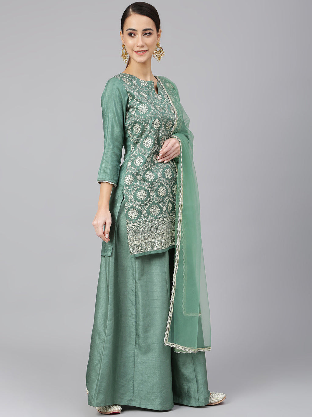 Janasya Women's Mint Green Chinon Foil Print Kurta With Flared Palazzo And Dupatta - Distacart