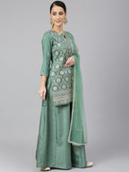Janasya Women's Mint Green Chinon Foil Print Kurta With Flared Palazzo And Dupatta - Distacart