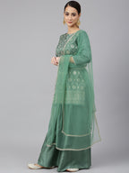 Janasya Women's Mint Green Chinon Foil Print Kurta With Flared Palazzo And Dupatta - Distacart