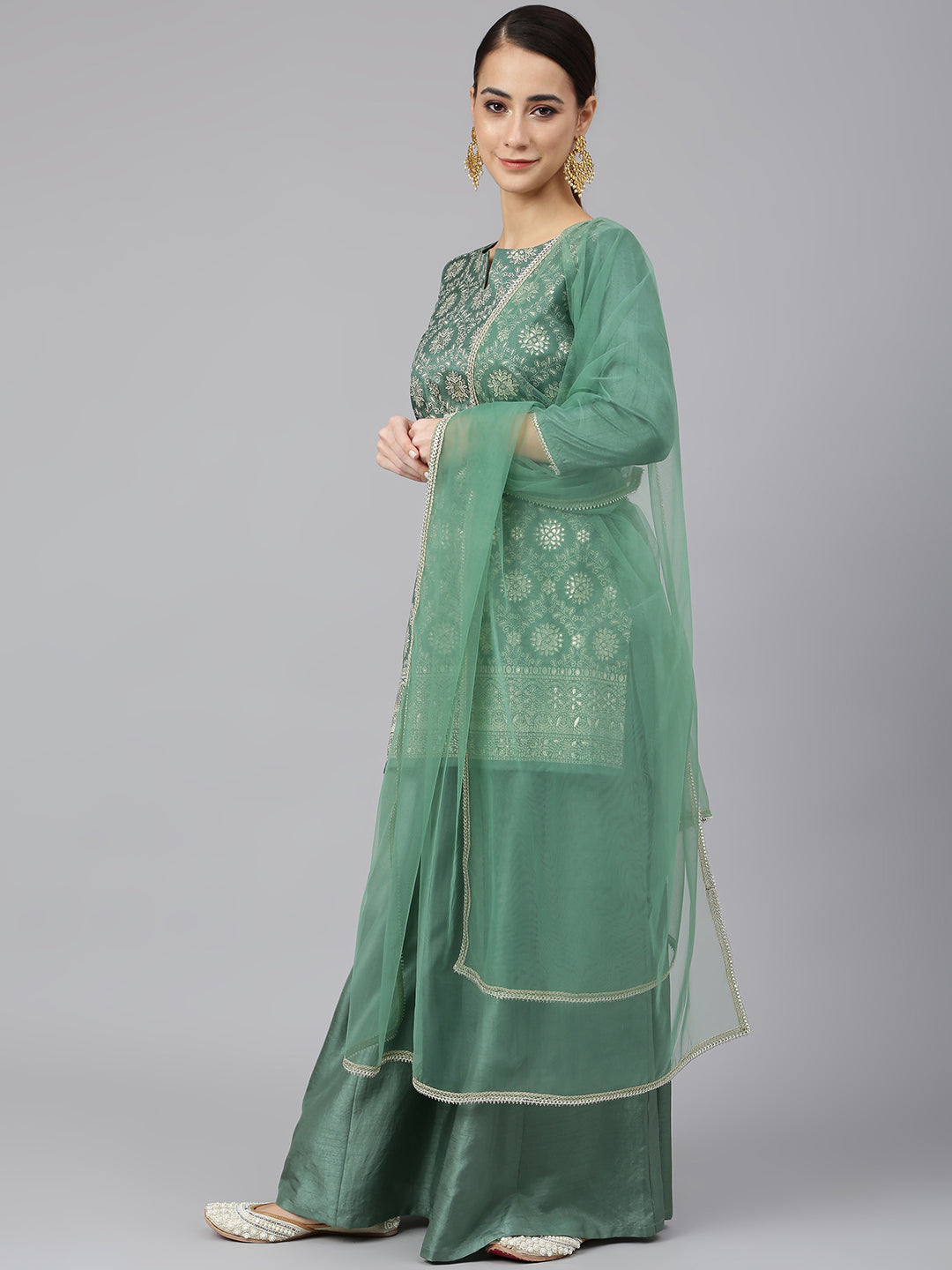Janasya Women's Mint Green Chinon Foil Print Kurta With Flared Palazzo And Dupatta - Distacart