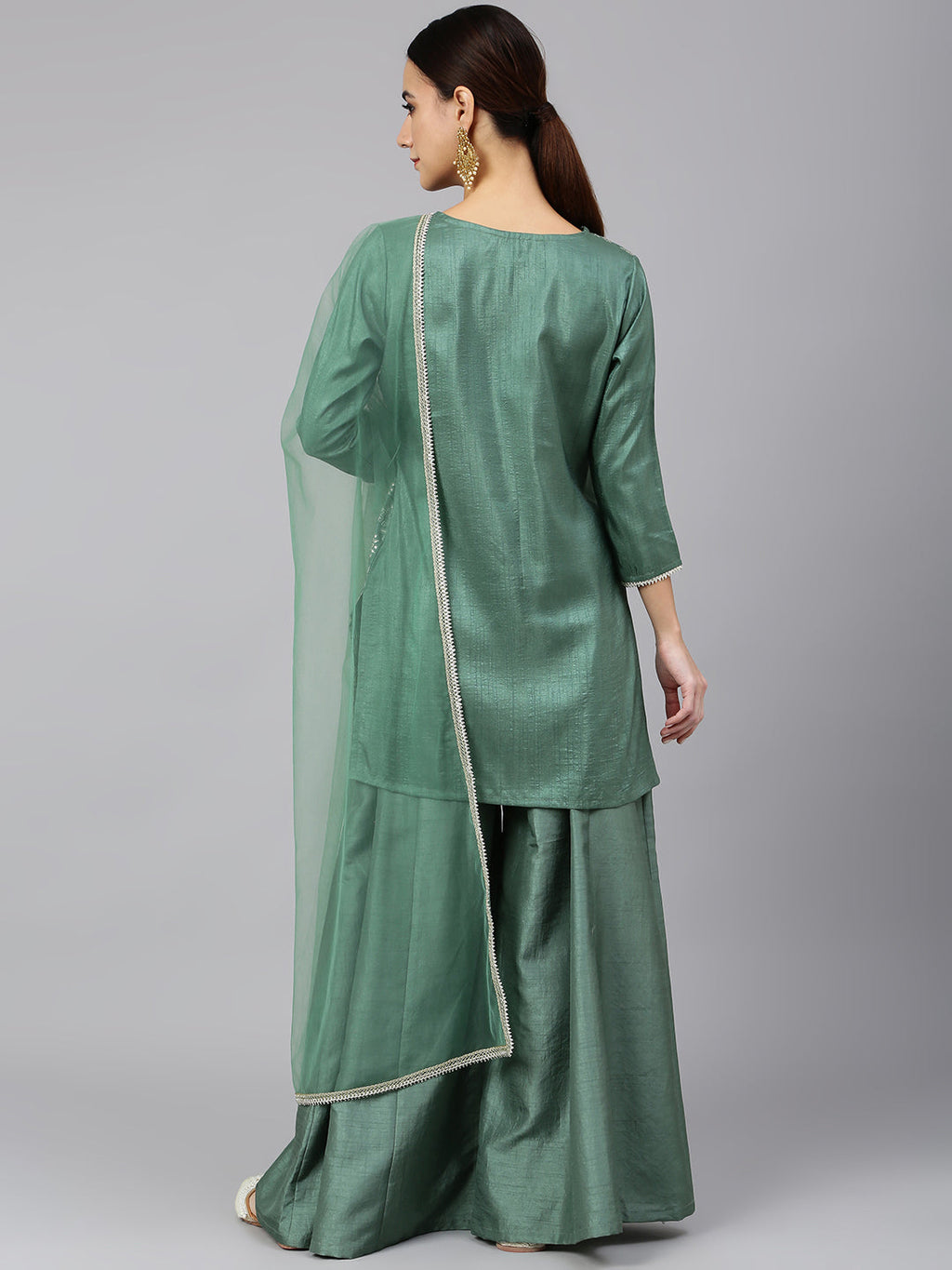 Janasya Women's Mint Green Chinon Foil Print Kurta With Flared Palazzo And Dupatta - Distacart