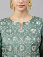 Janasya Women's Mint Green Chinon Foil Print Kurta With Flared Palazzo And Dupatta - Distacart