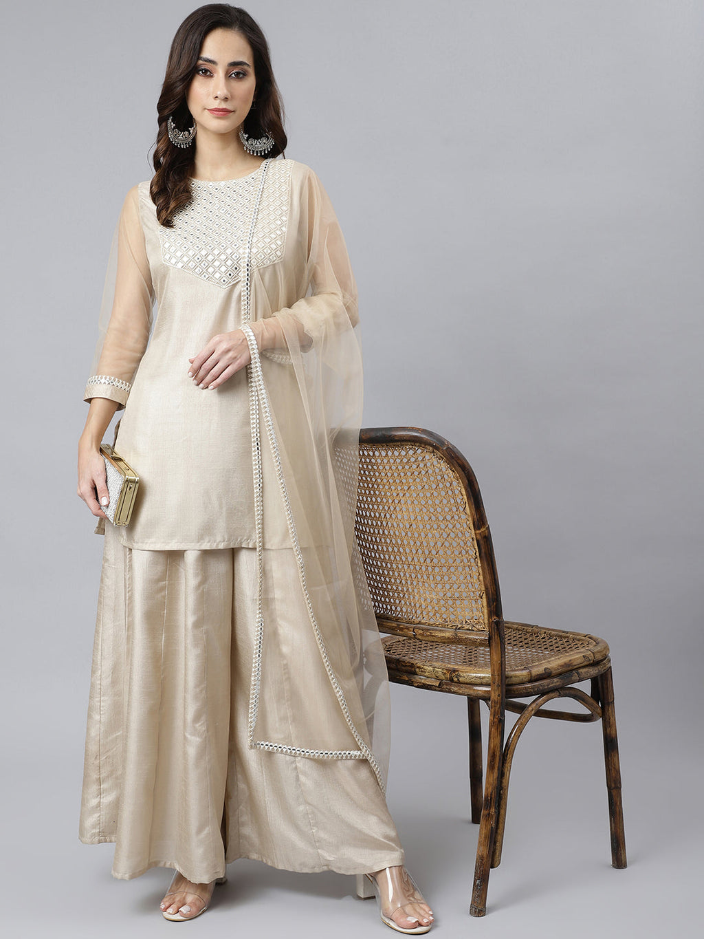 Janasya Women's Beige Chinon Embellished Kurta With Kali Palazzo And Dupatta - Distacart