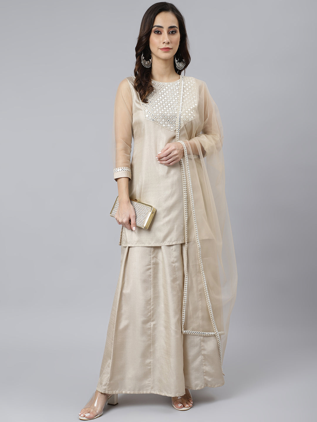 Janasya Women's Beige Chinon Embellished Kurta With Kali Palazzo And Dupatta - Distacart