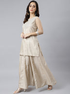 Janasya Women's Beige Chinon Embellished Kurta With Kali Palazzo And Dupatta - Distacart