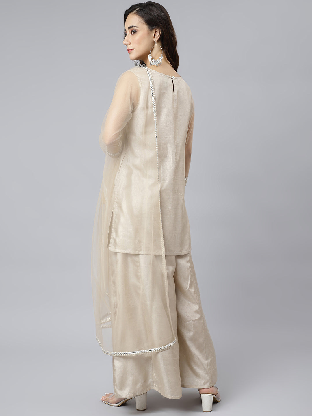Janasya Women's Beige Chinon Embellished Kurta With Kali Palazzo And Dupatta - Distacart