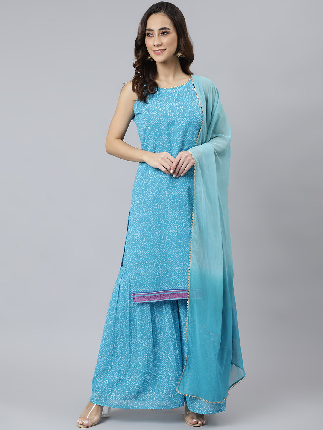 Janasya Women's Light Blue Georgette Bandhni Print Kurta With Sharara And Dupatta - Distacart