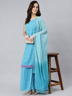 Janasya Women's Light Blue Georgette Bandhni Print Kurta With Sharara And Dupatta - Distacart