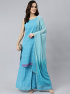 Janasya Women's Light Blue Georgette Bandhni Print Kurta With Sharara And Dupatta - Distacart