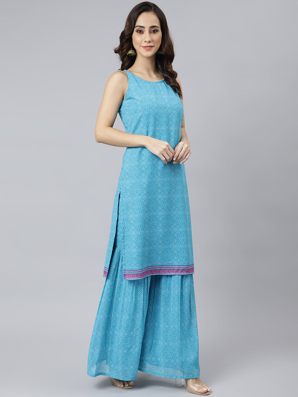 Janasya Women's Light Blue Georgette Bandhni Print Kurta With Sharara And Dupatta - Distacart