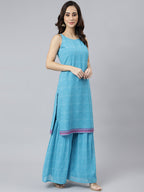 Janasya Women's Light Blue Georgette Bandhni Print Kurta With Sharara And Dupatta - Distacart