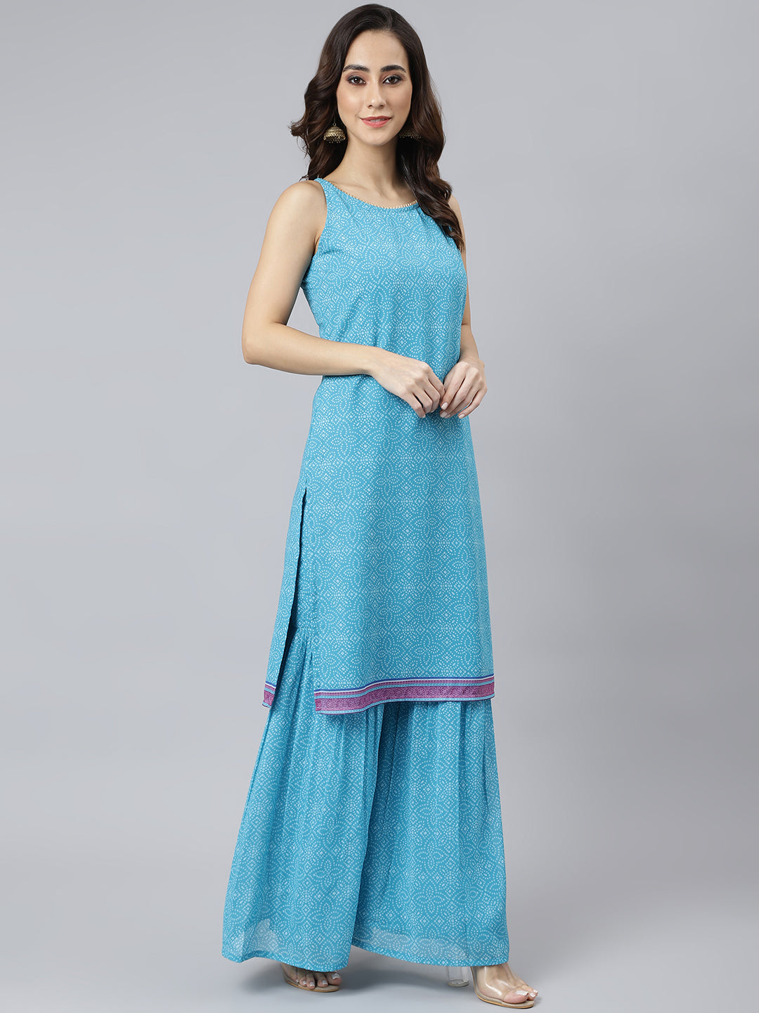 Janasya Women's Light Blue Georgette Bandhni Print Kurta With Sharara And Dupatta - Distacart