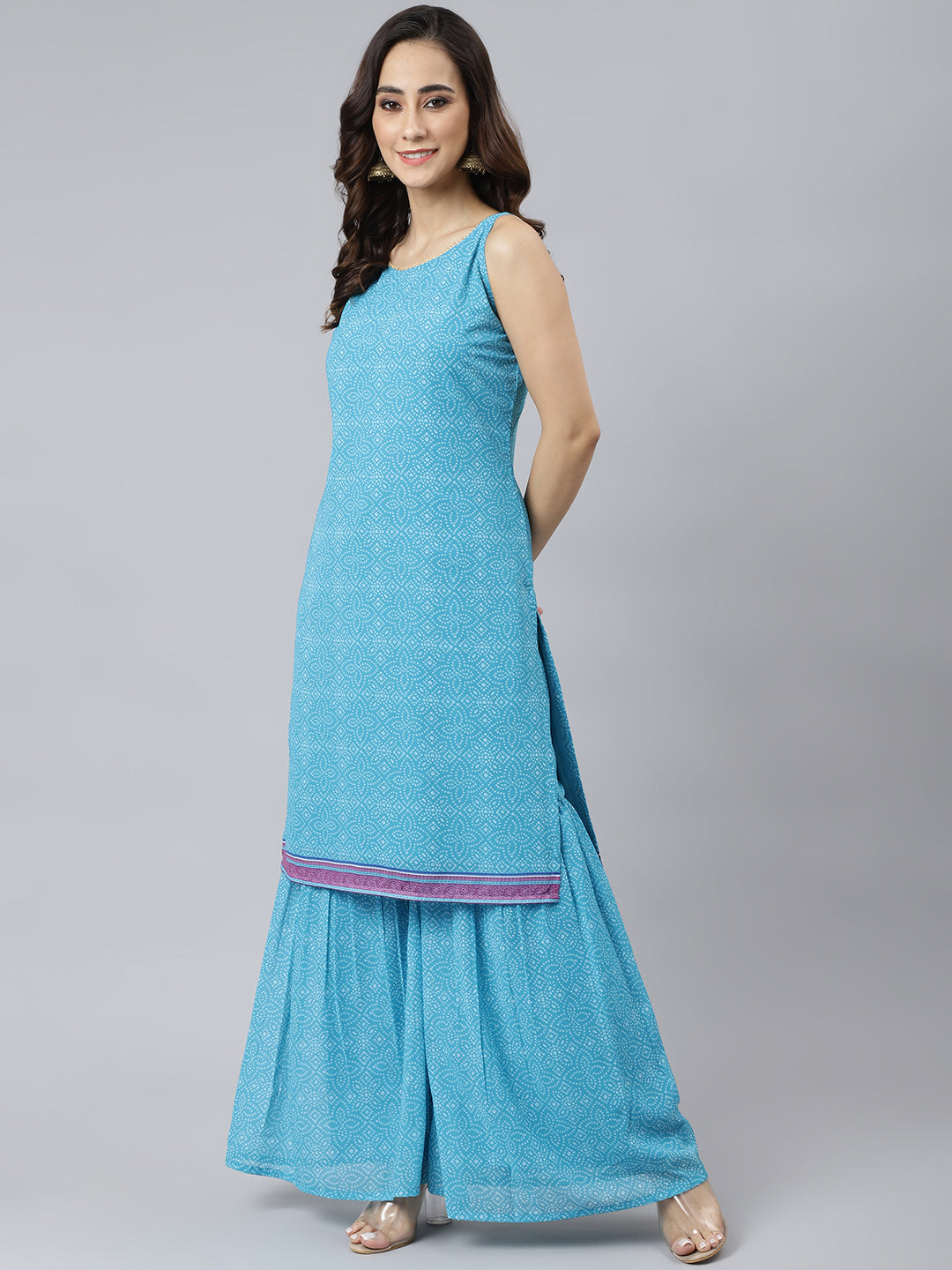 Janasya Women's Light Blue Georgette Bandhni Print Kurta With Sharara And Dupatta - Distacart