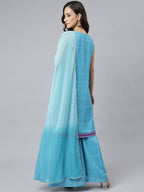 Janasya Women's Light Blue Georgette Bandhni Print Kurta With Sharara And Dupatta - Distacart
