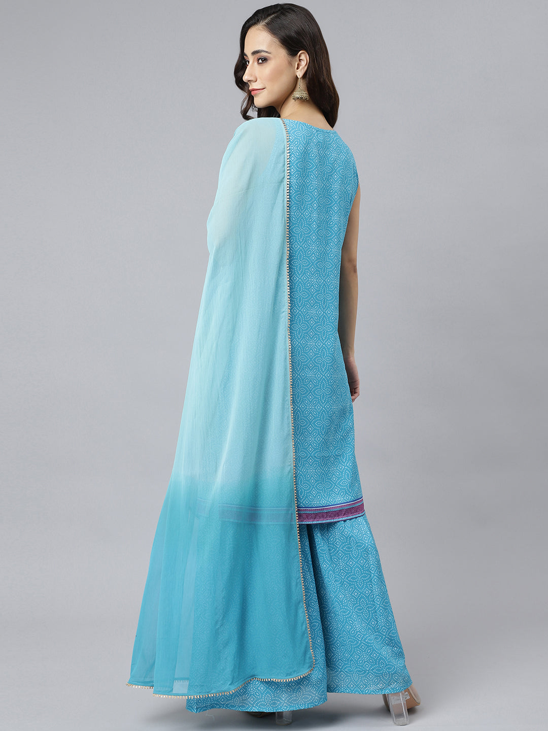 Janasya Women's Light Blue Georgette Bandhni Print Kurta With Sharara And Dupatta - Distacart