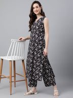 Indian Clothing Janasya Women's Black Cotton Floral Printed Straight Casual Kurta Set