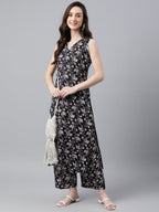 Indian Clothing Janasya Women's Black Cotton Floral Printed Straight Casual Kurta Set