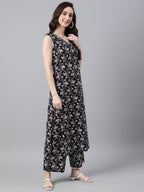 Indian Clothing Janasya Women's Black Cotton Floral Printed Straight Casual Kurta Set