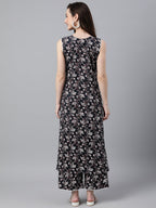 Indian Clothing Janasya Women's Black Cotton Floral Printed Straight Casual Kurta Set
