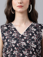 Indian Clothing Janasya Women's Black Cotton Floral Printed Straight Casual Kurta Set