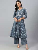 Janasya Women's Grey Cotton Floral Print Kurta With Palazzo - Distacart