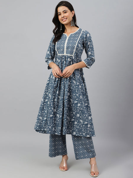 Janasya Women's Grey Cotton Floral Print Kurta With Palazzo